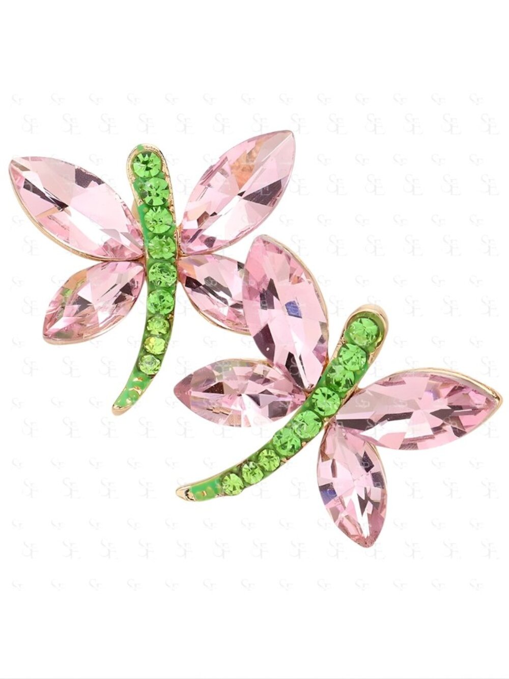 Dragonfly Rhinestone Earrings Pink Green Statement Dangle